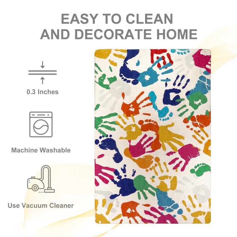 STARUIA Handprints and Footprints Large Kids Rug 5'x7', Washable Colorful Area Rug for Nursery Room, Non-Slip Play Mat Ultra Soft Indoor Carpet for Bedroom Playroom Classroom - Image 3